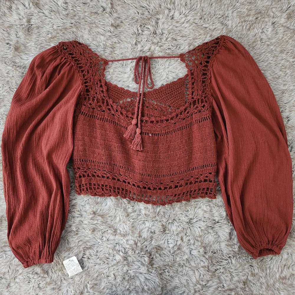 Free People Cynthia Crochet Crop Top Brick Red Women's Size Large‎